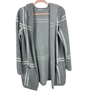 🥑5/$25 89th & Madison cozy Plaid Hooded Open Front Cardigan Grey White M